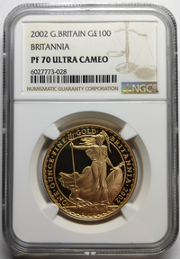 グレートブリテン2002年スタンディングブリタニア100ポンド金貨NGC-PF70UCAM