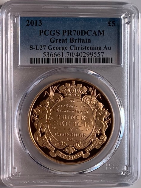 グレートブリテン2013年プリンスジョージ洗礼1オンス5ポンドプルーフ金貨PCGS-PR70DCAM