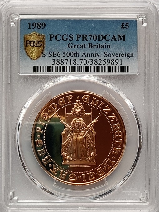 【動画ありトップグレード】1989年グレートブリテン　エリザベス2世　500周年記念　5ポンド金貨　PCGS PR70DCAM38259891