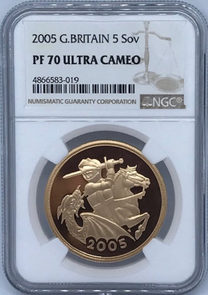 グレートブリテン2005年エリザベスII世5ポンド金貨セントジョージ-ナイトアンドドラゴンNGC-PF70UCAM4866583-019