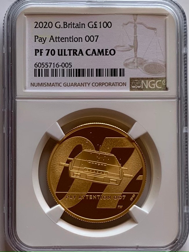 グレートブリテン 2020年 エリザベスII世 1オンス100ポンドプルーフ純金金貨 ジェームズボンド2ndペイアテンション007NGC-PF70UCAM