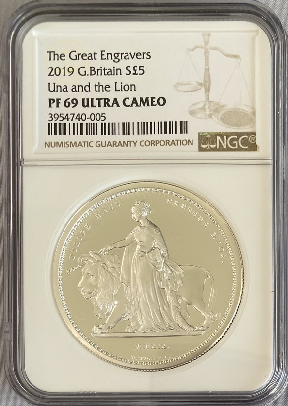 グレートブリテン2019年ウナとライオンプルーフ2オンス5ポンド銀貨NGC社PF69UCAM箱付き