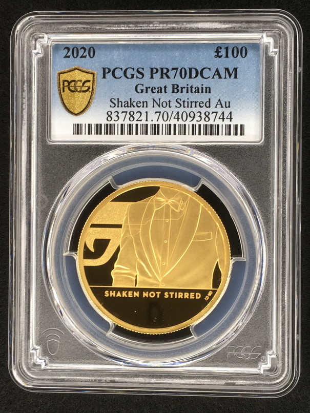 グレートブリテン2020年エリザベスII世1オンス100ポンドプルーフShaken Not Stirred純金金貨ジェームズボンド3rd-007-PCGS-PR70DCAM箱付き