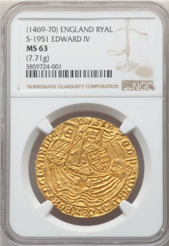 グレートブリテン エドワード4世（第1代、1461～1470）ゴールド・ロイヤル（ローズノーブル）ND（1469～1470）NGC-MS63