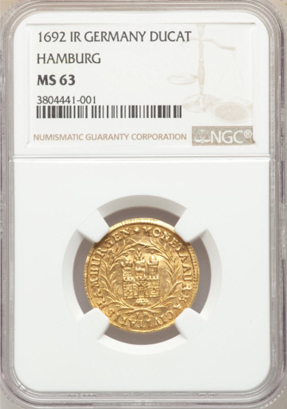 【動画あり】アンティークコインドイツ1692-IR1ダカット金貨ハンブルグNGC-MS63