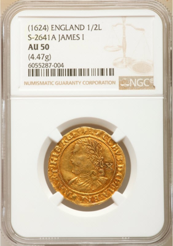 【動画あり】グレートブリテングレートブリテン・ジェームズ1世 ゴールドハーフローレル ND (1624)NGC-AU50