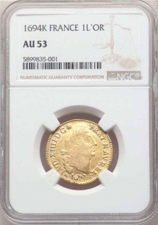 フランス-ルイ14世 ルイドール金貨1694-K-NGC-AU53