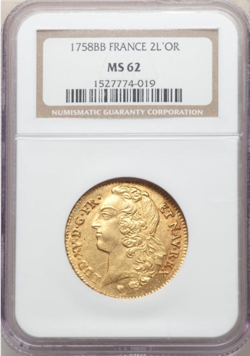 フランス-ルイ15世2ルイドール金貨1758BB-NGC-MS62