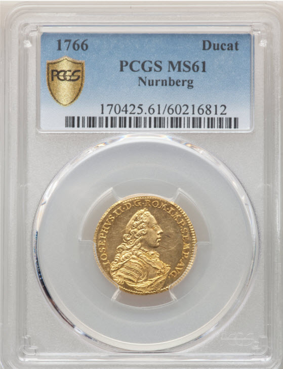 【動画あり】ドイツ ニュルンベルク フリーシティダカット金貨 1766-SR PCGS-MS61