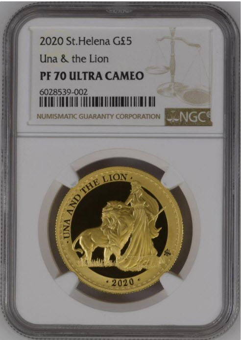 2020年 グレートブリテン領 セントヘレナ島ウナ＆ライオン5ポンドプルーフ金貨NGC-PF70UCAM