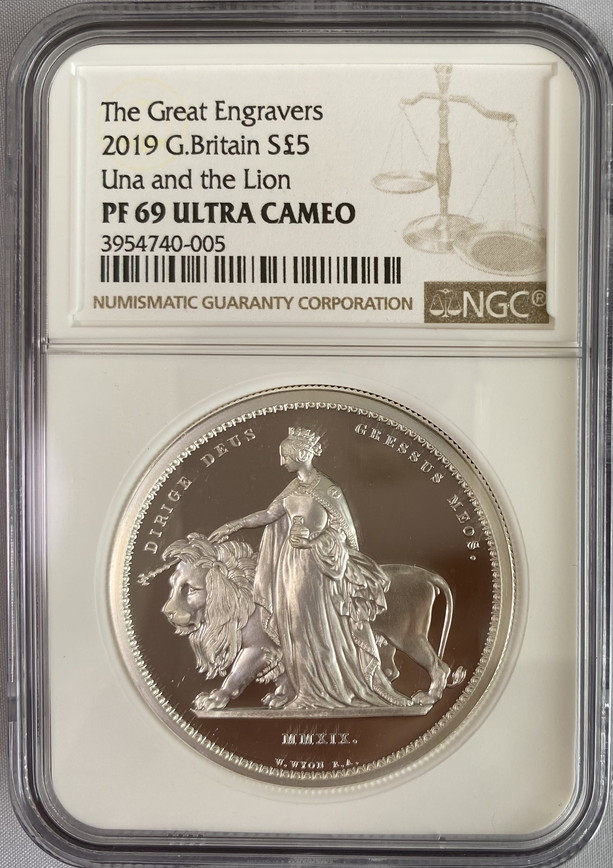 グレートブリテン2019年ウナとライオンプルーフ2オンス5ポンド銀貨NGC社PF69UCAM箱付き3954740-005
