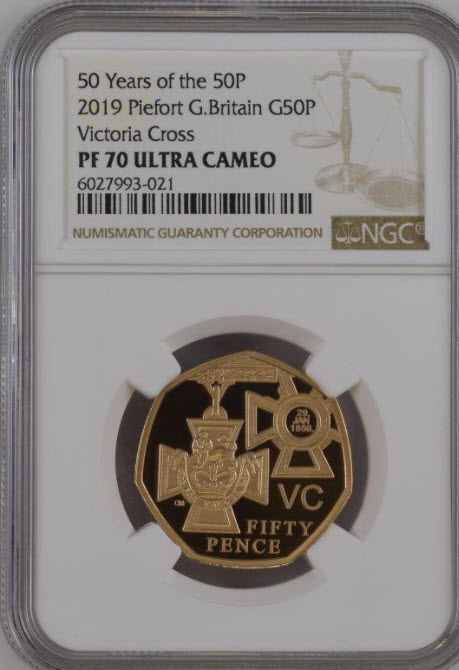 グレートブリテン 2019年ヴィクトリア・クロス50ペンス ゴールドプルーフ ピエフォーNGC-PF70UCAM