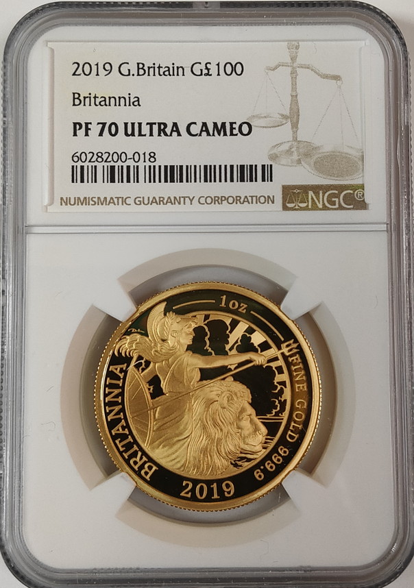 【動画あり】グレートブリテン 2019年 エリザベス2世 100ポンドプルーフブリタニア金貨NGC-PF70UCAM6028200-019