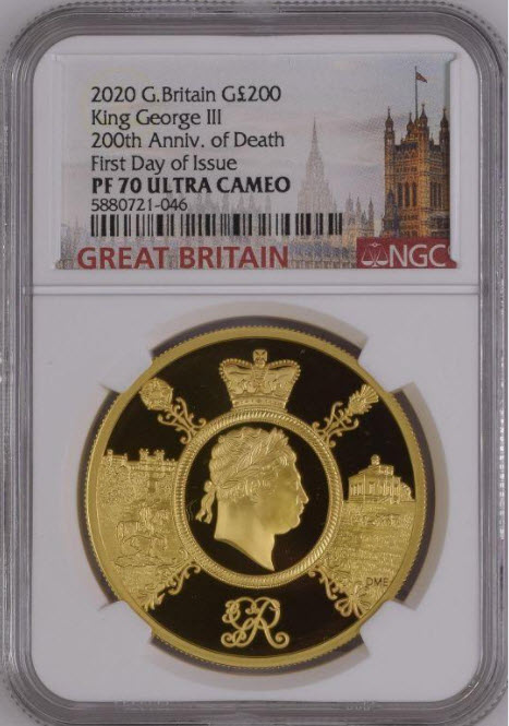 【動画あり】グレートブリテン2020年ジョージ3世2オンス200ポンドプルーフ金貨 NGC-PF70UCAMファーストデイオブイシュー5880721-121箱付き
