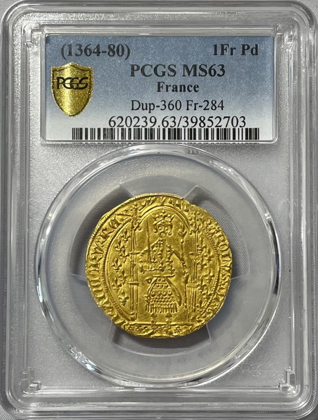 【動画あり】アンティークコイン フランス シャルル5世 (1364-1380年) ゴールドフラン ウォーク MS63 PCGS