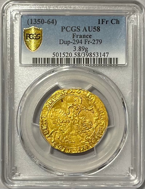 【動画あり】アンティークコイン　フランス-フランシュヴァル金貨 (1350-64） ジャンII世 PCGS-AU-58