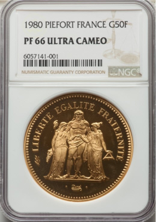 【動画あり】フランス1980年リパブリックプルーフ金貨ピエフォー50フランNGC社-PF66UCAM