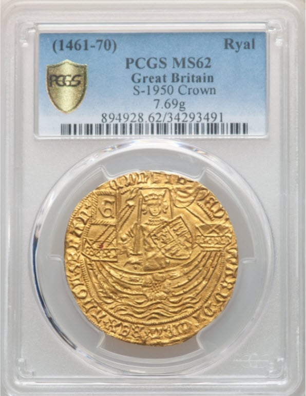 【動画あり】グレートブリテン エドワード4世（第1代、1461～1470）ゴールド・ロイヤル（ローズノーブル）ND（1469～1470）PCGS-MS62