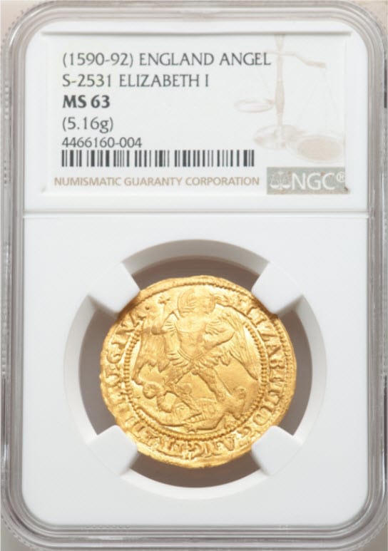 【動画あり】グレートブリテン エリザベス１世(1558-1603)エンジェル金貨(1590-1592）NGC-MS63