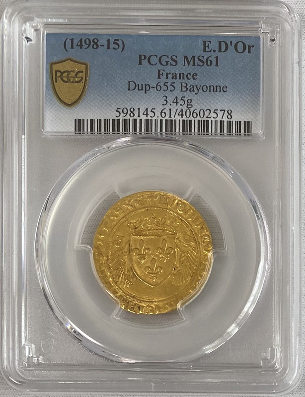 フランス 1498-15年 ルイ12世 エキュドール金貨 バイヨンヌの金の盾 PCGS-MS61