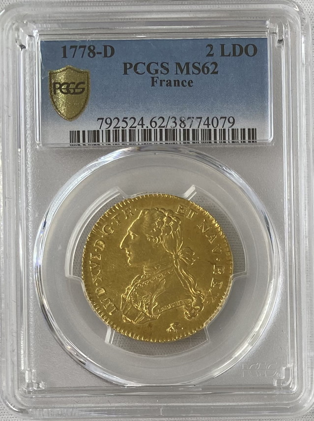 アンティークコイン フランス リヨン 1778-D年 ルイ16世 2ルイドール金貨 PCGS-MS62