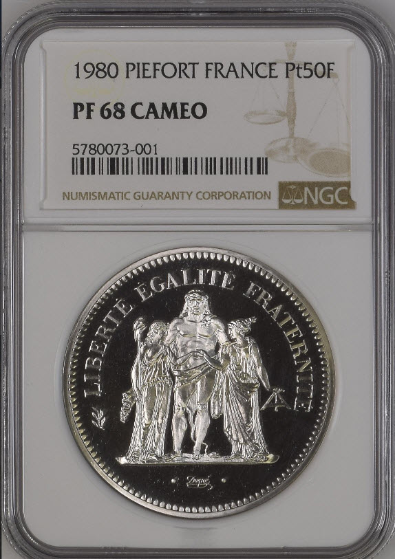 フランス試鋳貨 1980年 プラチナ貨 リパブリックプルーフ 50フラン ピエフォー PF68 CAM NGC