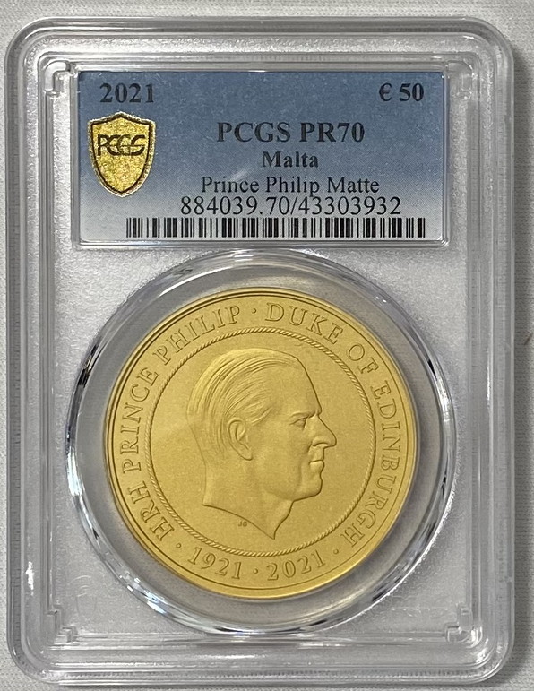 【動画あり】イギリス連邦 マルタ共和国 2021年 フィリップ殿下追悼50ユーロ マットプルーフ金貨 PCGS-PR70Matte