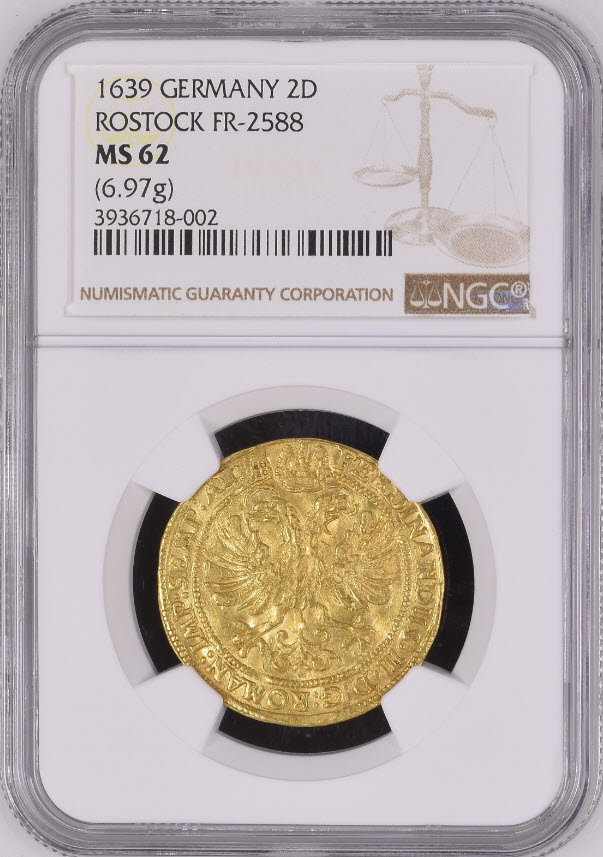 【動画あり】ドイツ ロストック1639年フェルディナンド３世２ダカット金貨NGC-MS62