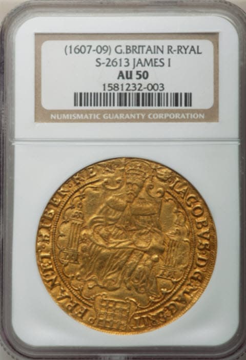 グレートブリテンジェームズ1世(1607-1609)ローズロイヤル金貨NGC-AU50