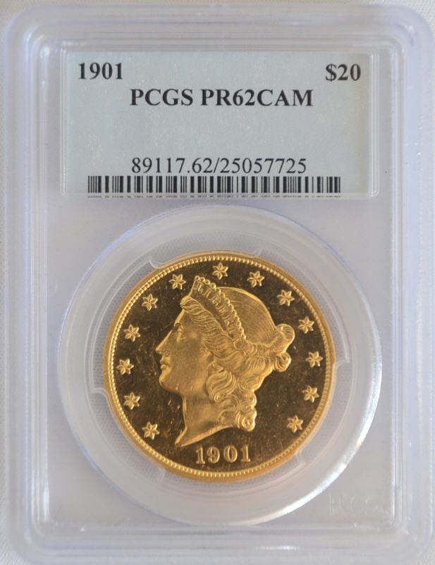 【動画あり】アンティークコイン アメリカ 20ドル金貨リバティヘッドプルーフ1901 $20 PCGS PR62CAM
