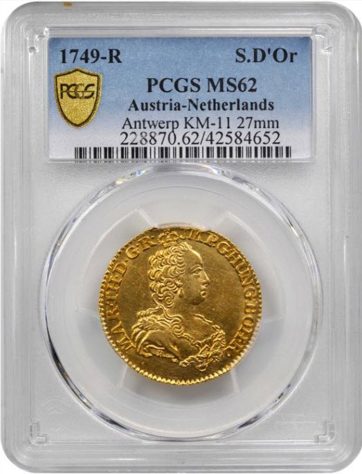 オーストリア-ネザーランドアントワープ1749-R年マリアテレジア1ソブリン金貨PCGS-MS62