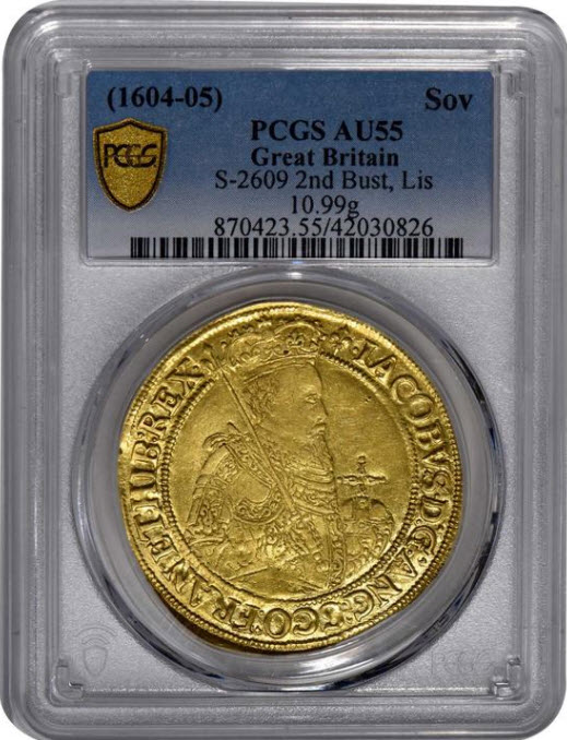 【動画あり】グレートブリテン1604-05年ジェームズ1世ソブリン（20シリング）金貨 PCGS-AU55