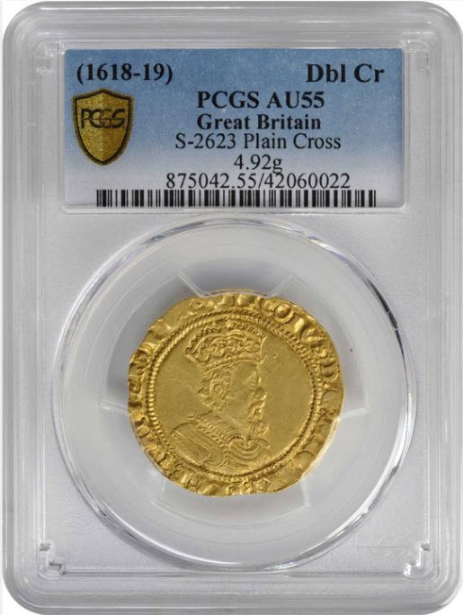 【動画あり】グレートブリテン1618-19年ジェームズ1世ダブルクラウン金貨PCGS-AU55