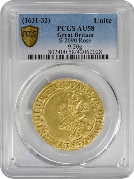 グレートブリテン1631-32年チャールズ1世ゴールド・ユナイト金貨PCGS-AU58
