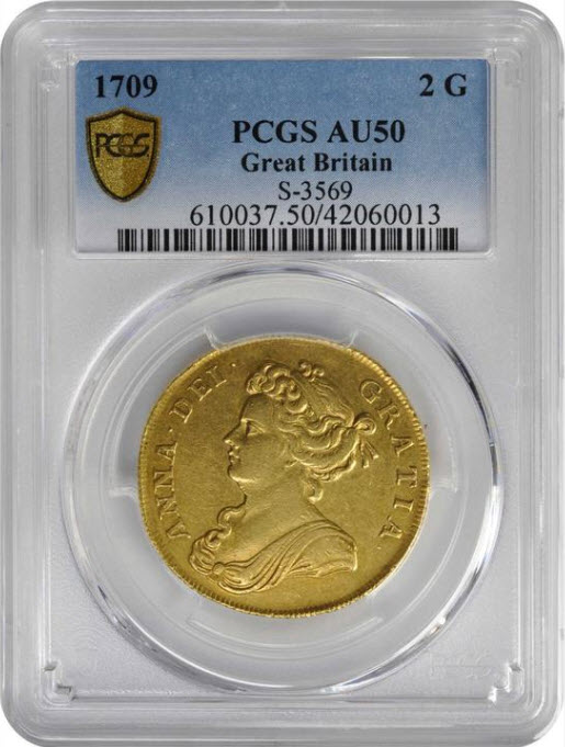 グレートブリテン1709年アン女王2ギニー金貨PCGS-AU50