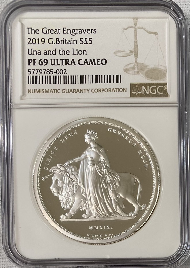【動画あり】グレートブリテン2019年ウナとライオンプルーフ2オンス5ポンド銀貨NGC社PF69UCAM 箱付き 5779785-002
