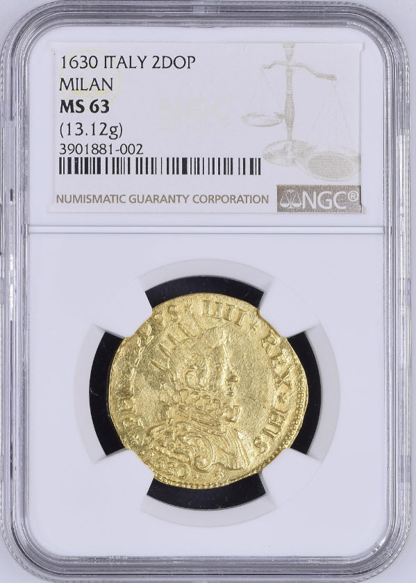 アンティークコイン イタリア ミラノ1630年 フェリペ4世 2ドッピア金貨 NGC-MS63