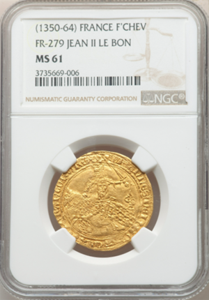 アンティークコインフランス-フランシュヴァル金貨 (1350-64)ジャンII世-NGC-MS-61