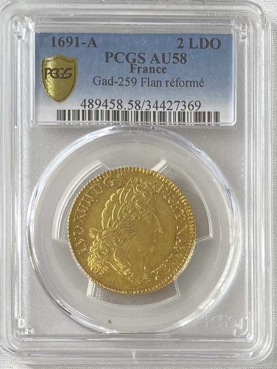 【レア度2-R2】フランス 1691-A年 ルイ14世 2ルイドール金貨 PCGS-AU58