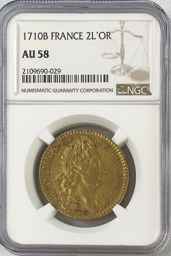 【動画あり】【レア度2-R2】フランス 1710-B年 ルイ14世 2ルイドール金貨 ソレイユ NGC-AU58