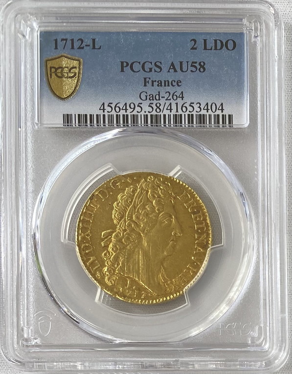 【動画あり】【レア度2-R2】フランス 1712-L年 ルイ14世 2ルイドール金貨 ソレイユ PCGS-AU58