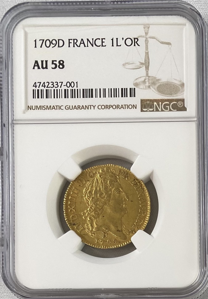 【動画あり】【レア度2-R2】フランス 1709-D年 ルイ14世 1ルイドール金貨 ソレイユ NGC-AU58