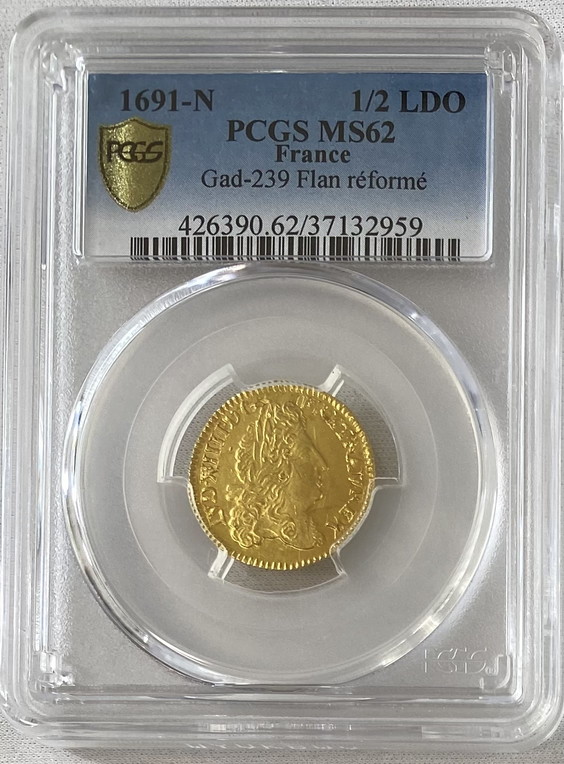 フランス 1691-N年 ルイ14世 1/2ルイドール金貨 PCGS-MS62