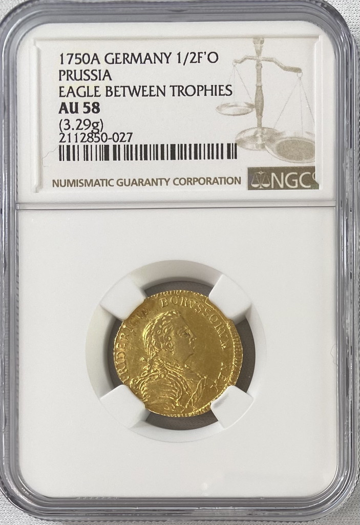 【動画あり】ドイツ プロイセン神聖ローマ皇帝　フリードリヒ2世1/2フリードリヒドール金貨 1750-A NGC-AU58