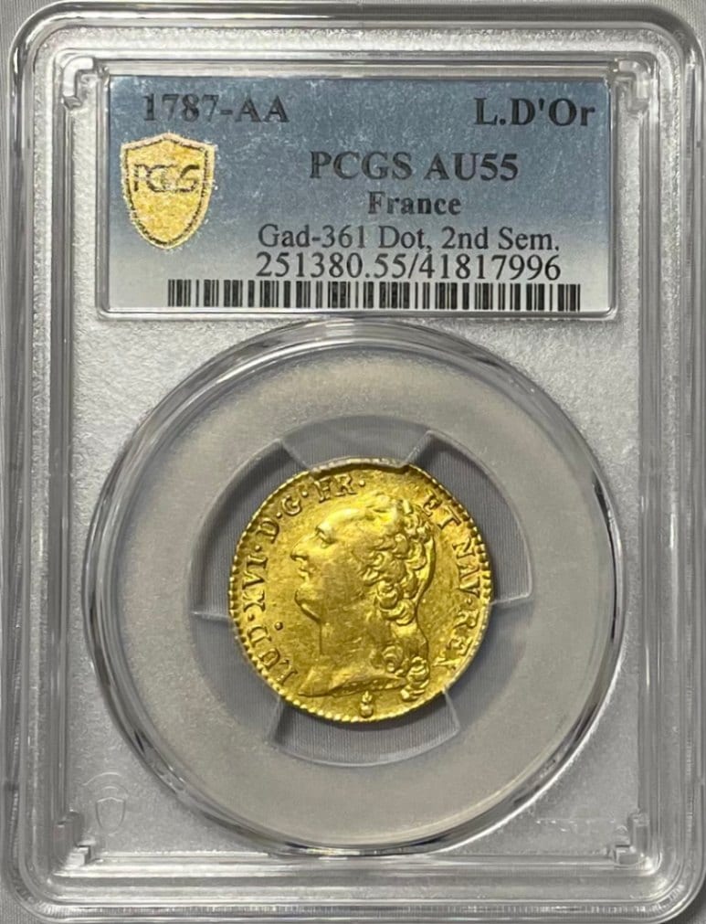 【動画あり】【レア度2-R2】アンティークコイン フランス 1787-AA年 ルイ16世 ルイドール金貨 PCGS-AU55