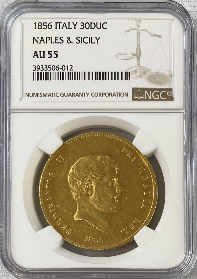 【動画あり】【レア度3-R3】イタリア 1856年 フェルディナンド２世 30ダカット金貨 NGC-AU55