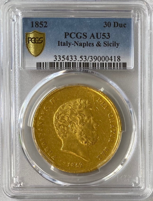 【動画あり】【レア度1-R1】イタリア 1852年 フェルディナンド２世 30ダカット金貨 PCGS-AU53