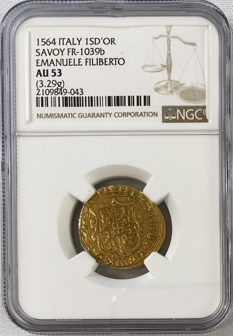 【動画あり】イタリア 1564年 エマヌエーレ・フィリベルト 1スクッド金貨 NGC-AU53