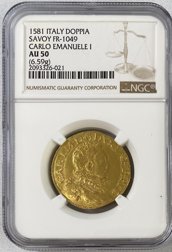 【動画あり】イタリア 1581年 カルロ・エマヌエーレ1世 1ドッピア金貨 NGC-AU50