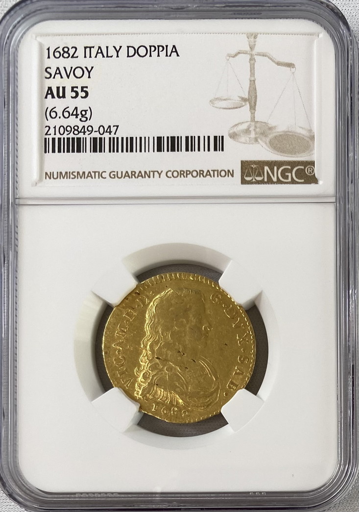 【動画あり】イタリア 1682年 ヴィットーリオ・アメデーオ2世 1ドッピア金貨 NGC-AU55